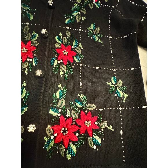 VTG Beaded Christmas Cardigan Sweater Womens Medium Sequins Poinsettia Holly - Picture 10 of 13